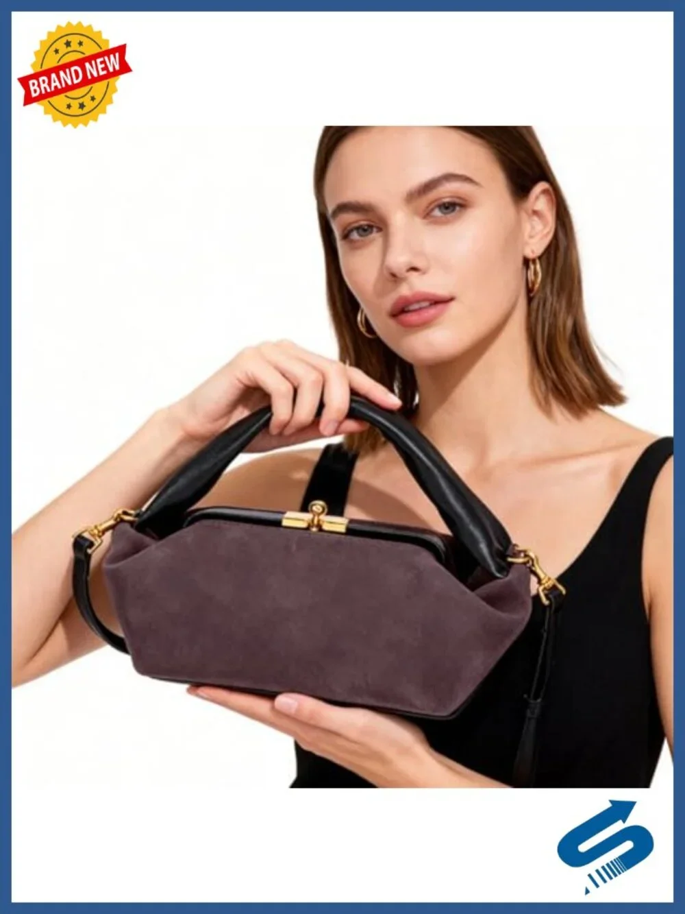 Vintage Suede Kiss Lock Hobo Handbag with Detachable Strap
